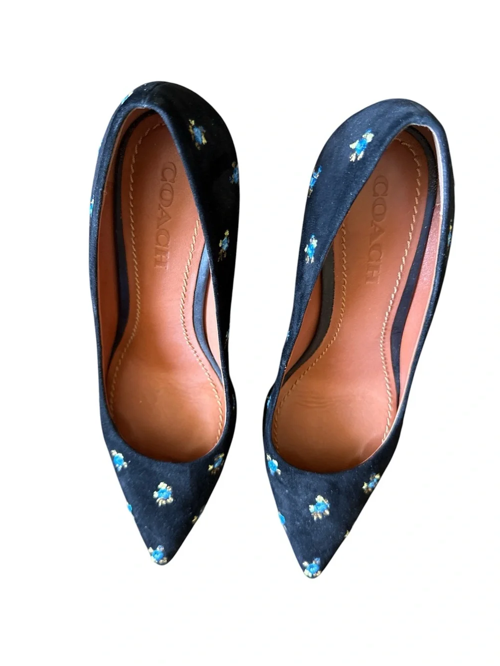 Coach Black Pointed-Toe Stiletto Pumps with Blue & Gold Floral Embroidery